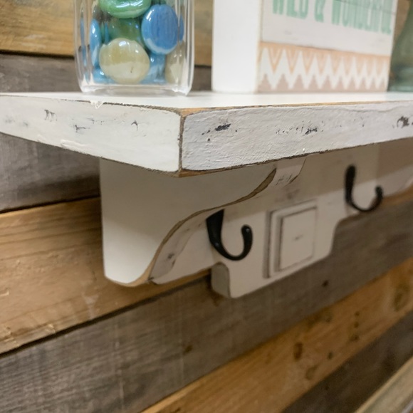 Rustic Off White Wall Shelf with Hooks - Picture 4 of 8